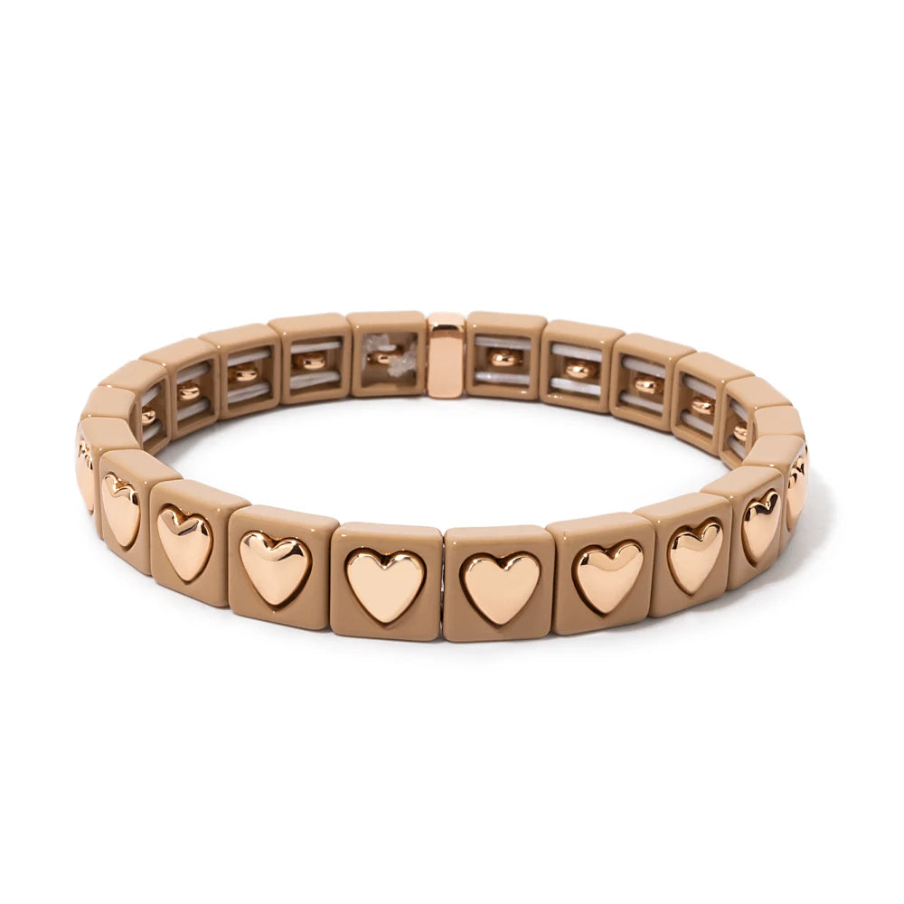 8mm Square Shape Love Bangle For Women Rainbow Color Peach Boho Enamel Elastic Beads Bracelets
