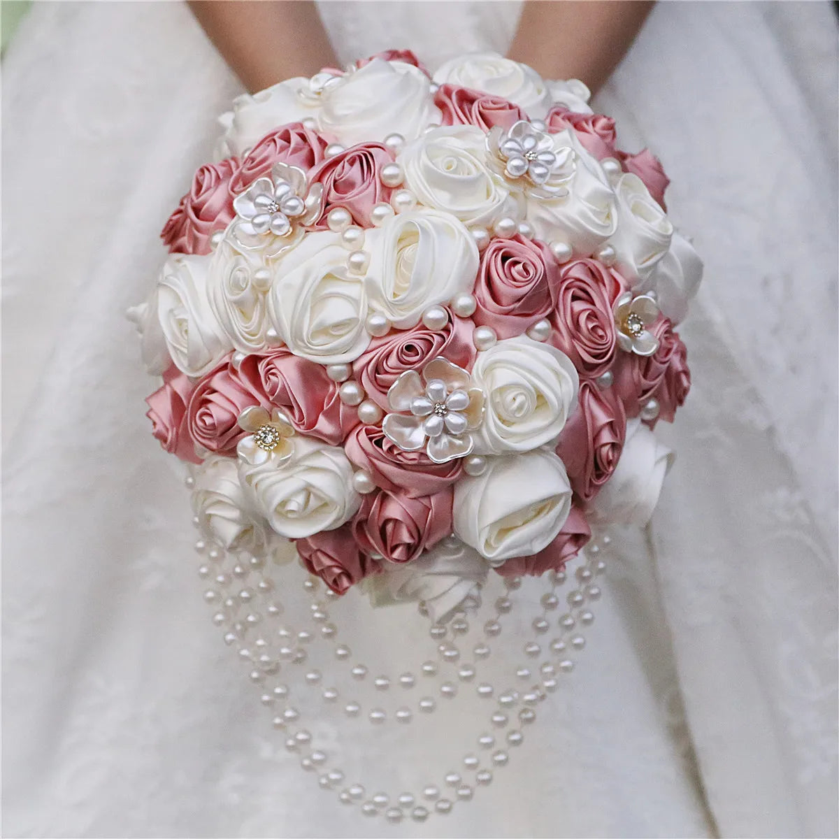 YeeNanee 8.6in Handcraft Creamy Rose Satin Rose Bridal Bouquet with Pearl Pendant for Bride Bridesmaid Wedding Quinceanera Decor