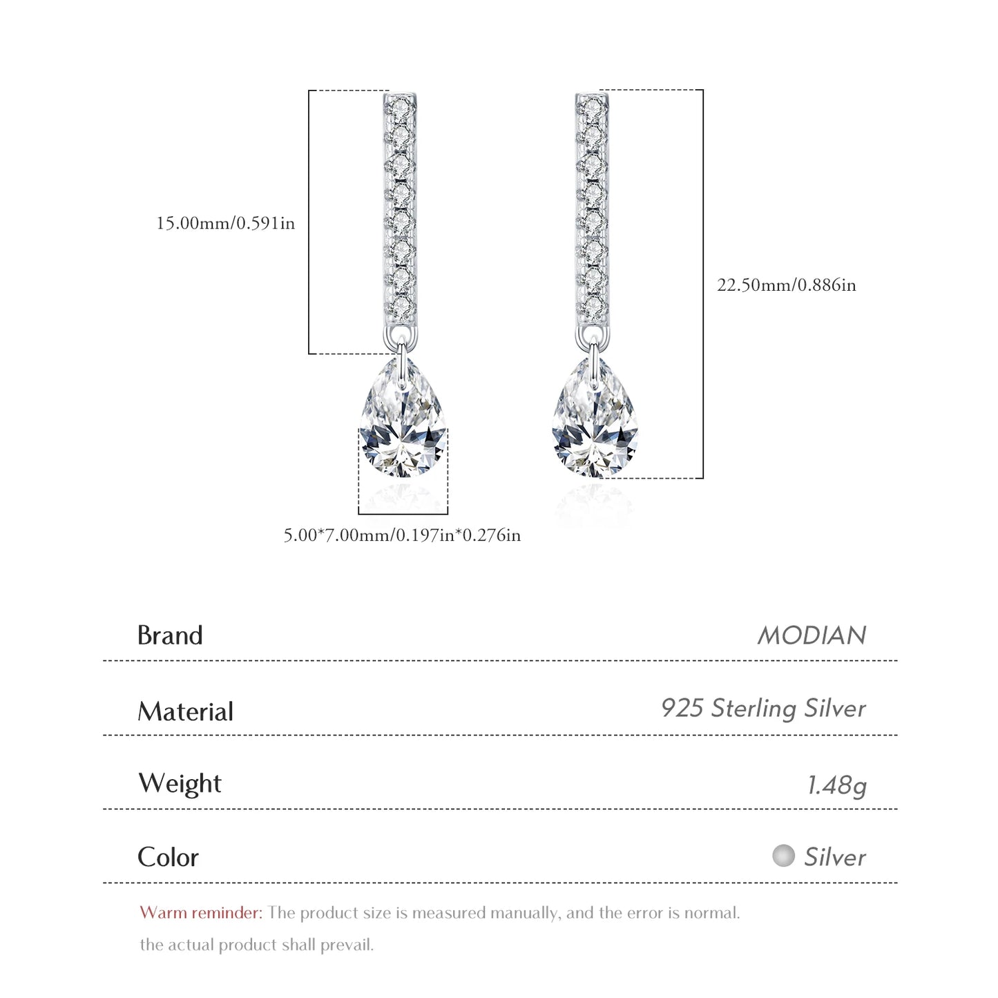 MODIAN 925 Sterling Silver Stunning Water Drop Zircon Stick Stud Earrings For Women Party Stackable Fine Jewelry