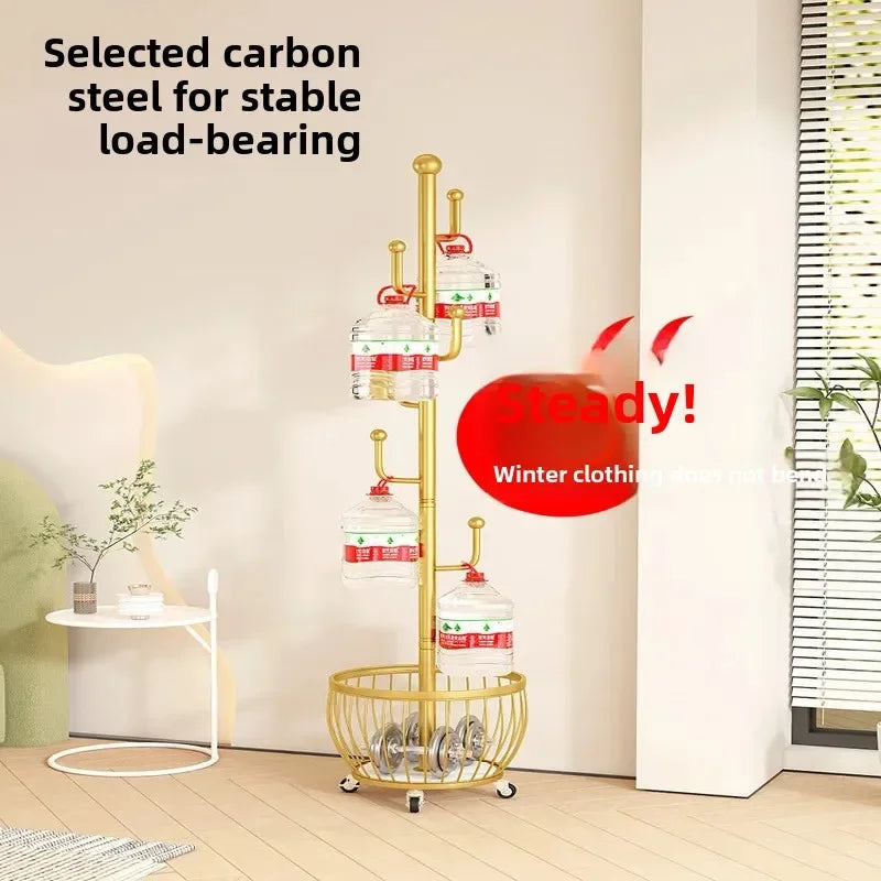 Standing Coat Rack with Basket, Entryway Coat Hanger Stand, Mobile Clothes Storage Rack with Wheels, Hallway