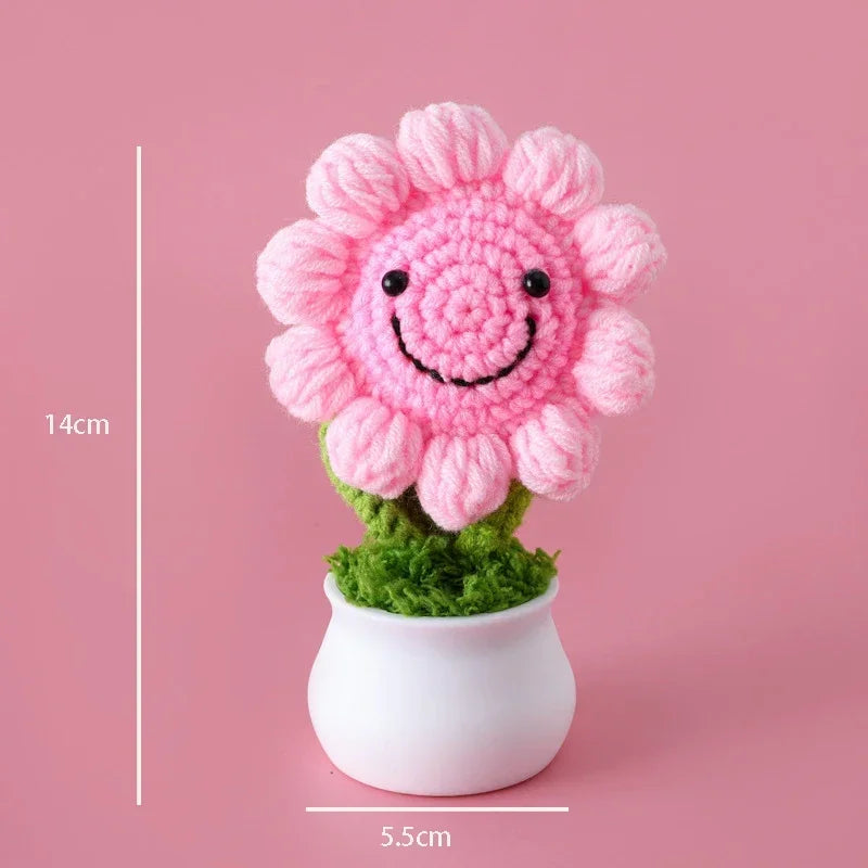 Hemasa Crochet Sunflowers Pot Creative Knitted Flowers Artificial Flower Hand Woven Finished Plant Car Desktop Decor Gift
