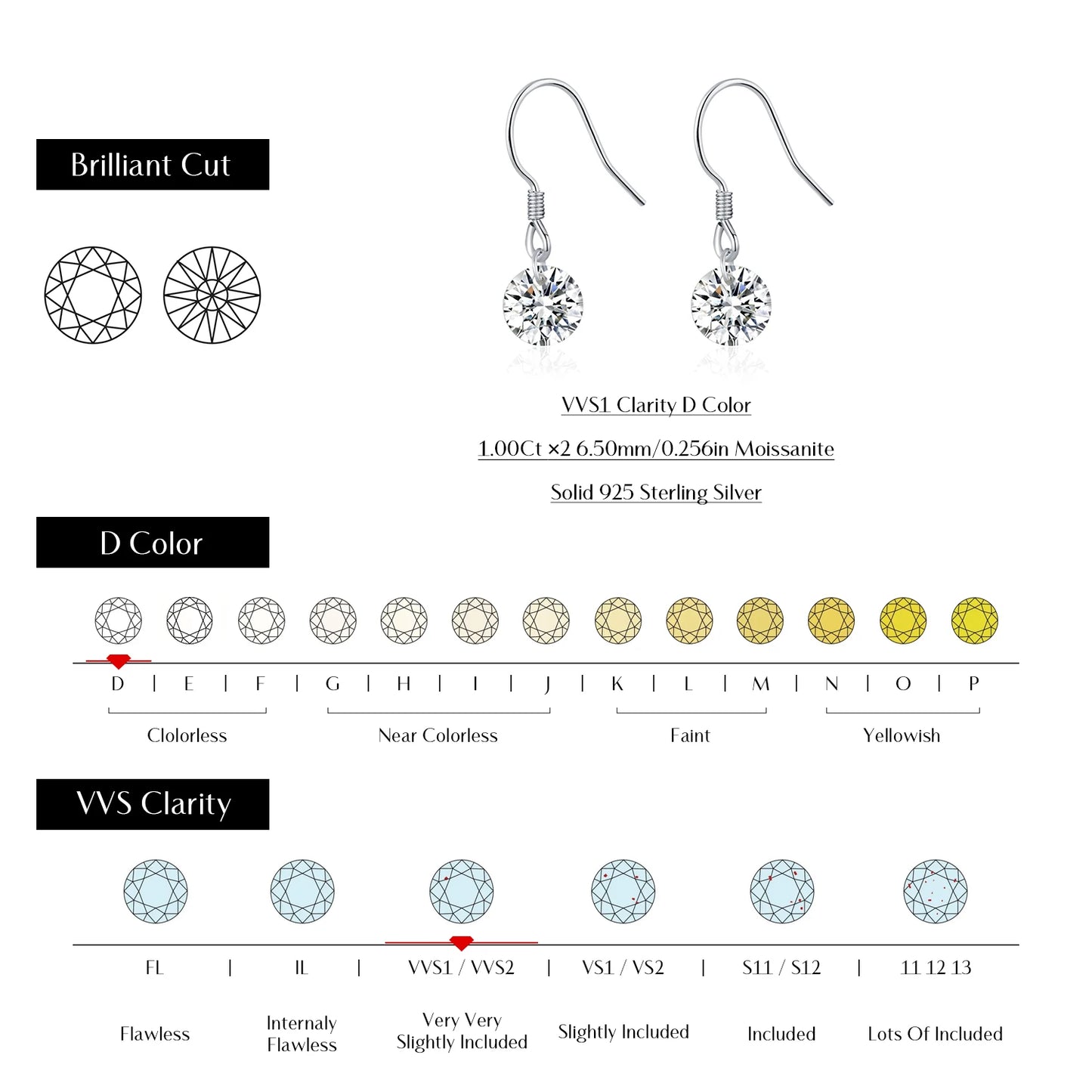 MODIAN 1CT D Color Sparkling Moissanite Hook Earrings 925 Sterling Silver Round Sway Dangle Earrings For Women Fine Jewelry