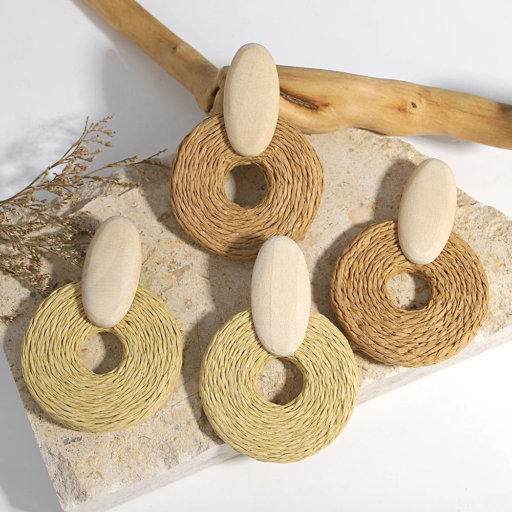 Lifefontier Ethnic Wooden Rattan Knit Round Drop Earrings For Women Handmade Beach Earring Pendant Jewelry Wholesale Gifts 2023