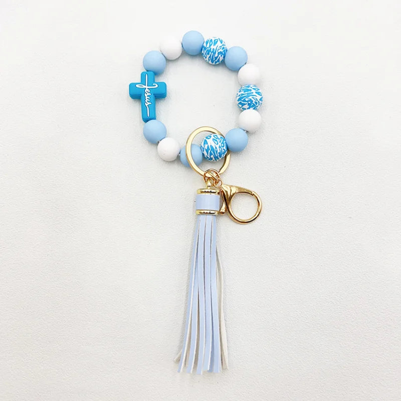 Amazon Hot sell Creative Silicone Beads Hand Stream Wood Big Bead Wrist cross leopard Key Chain bag Pendant Bracelet Keychain