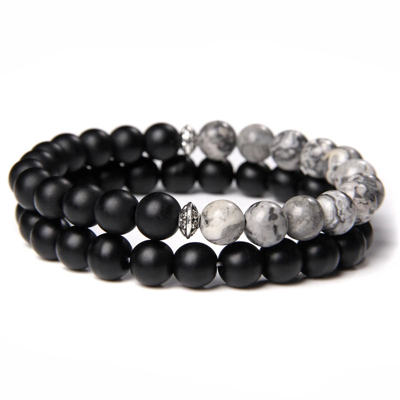 2pcs/set Beaded Bracelet Natural Stone Tiger Eye Hematite Beads Bracelet Men Energy Elastic Rope Bracelet Jewelry Couples Gifts