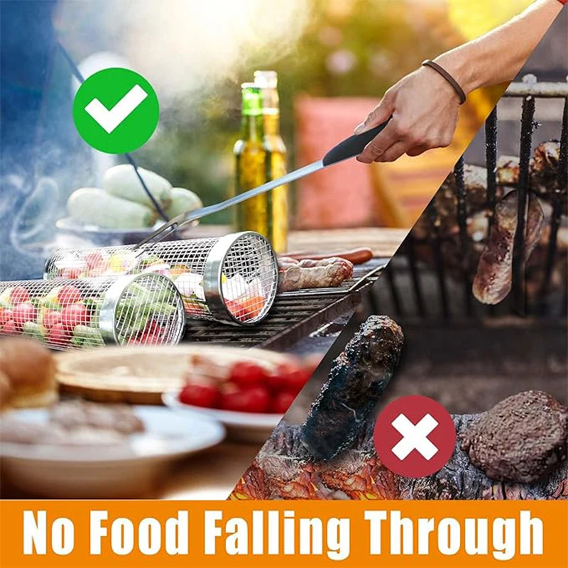 BBQ Grill Basket Stainless Steel Rolling Grilling Baskets for Ideal for Cooking Meat French Fries Vegetables on Outdoor Barbecue