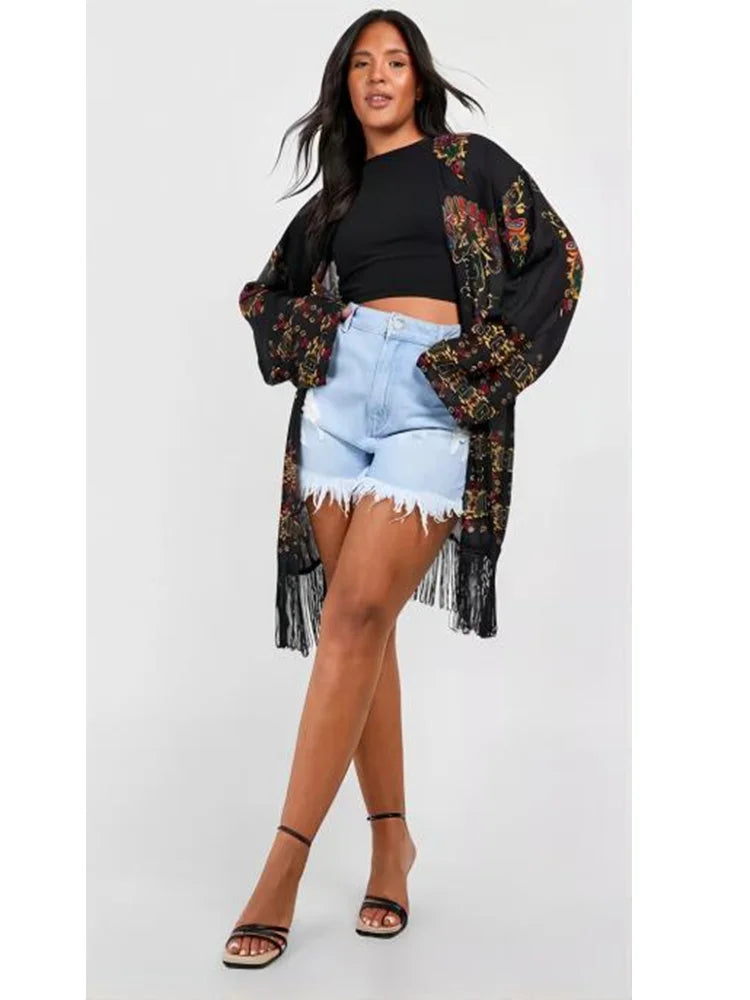 Plus Size Boho Cardigan Women's Casual Floral Print Long Sleeve Fringe Trim Cardigan 2024