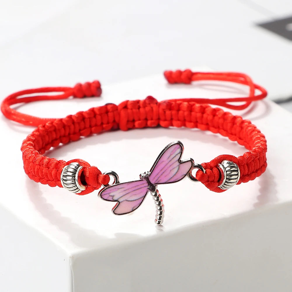 Handmade Weave Lucky Rope Bracelets For Women Pink Dragonfly Pendant Bracelets Men Adjustable Size Bangles Couples Wrist Jewelry