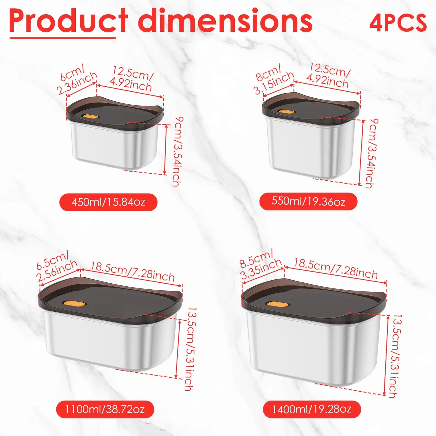4Pcs Lunch Box Stainless Steel Bento Box Leakproof Pickle Boxes with Lid Refrigerator Food Container for Students Office Workers