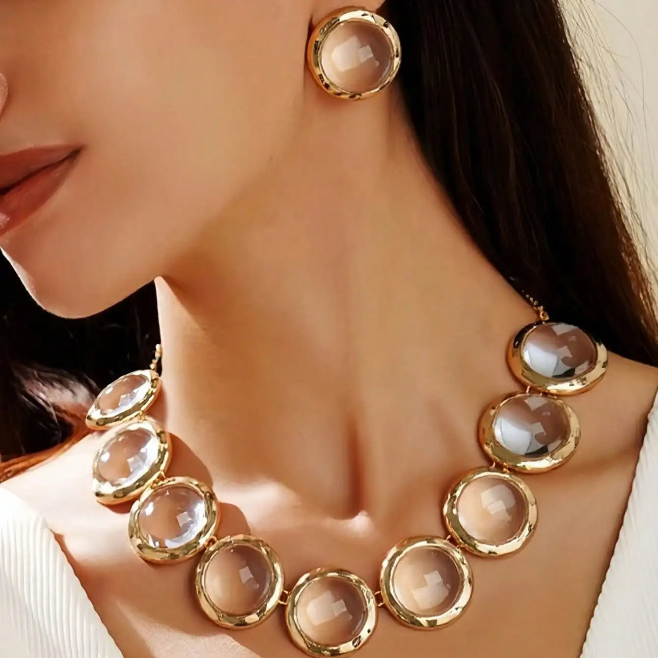Geometric Acrylic Embedded Metal Style Necklace And Earring Set Transparent round Shapes Jewelry Kit