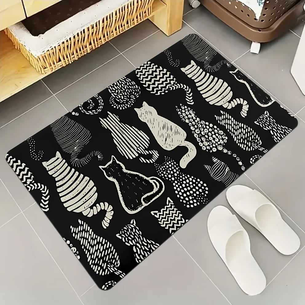 Tejesa Set of 2 Cute Black Cat Kitchen Rugs /Farmhouse Style Non-Slip Washable Floor Mats Home Decor