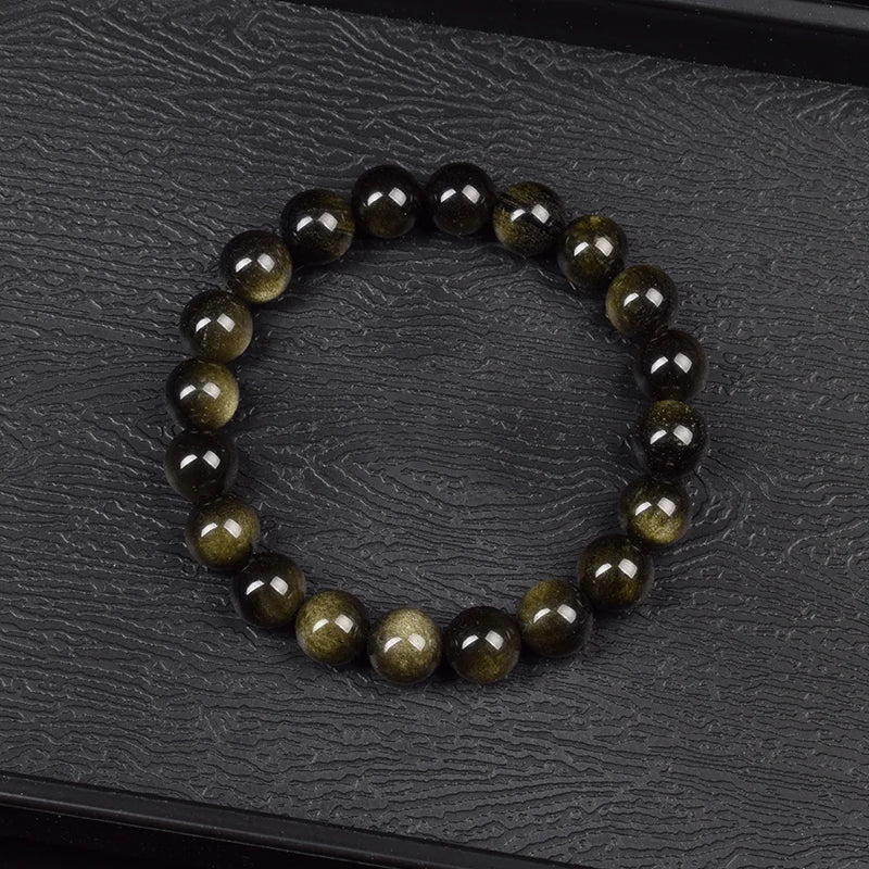 Tejesa Natural Golden Obsidian Stone Beads Bracelet Men Women/ Golden Light Rainbow Obsidian Raw Stone Round Bead Natural Energy Jewelry