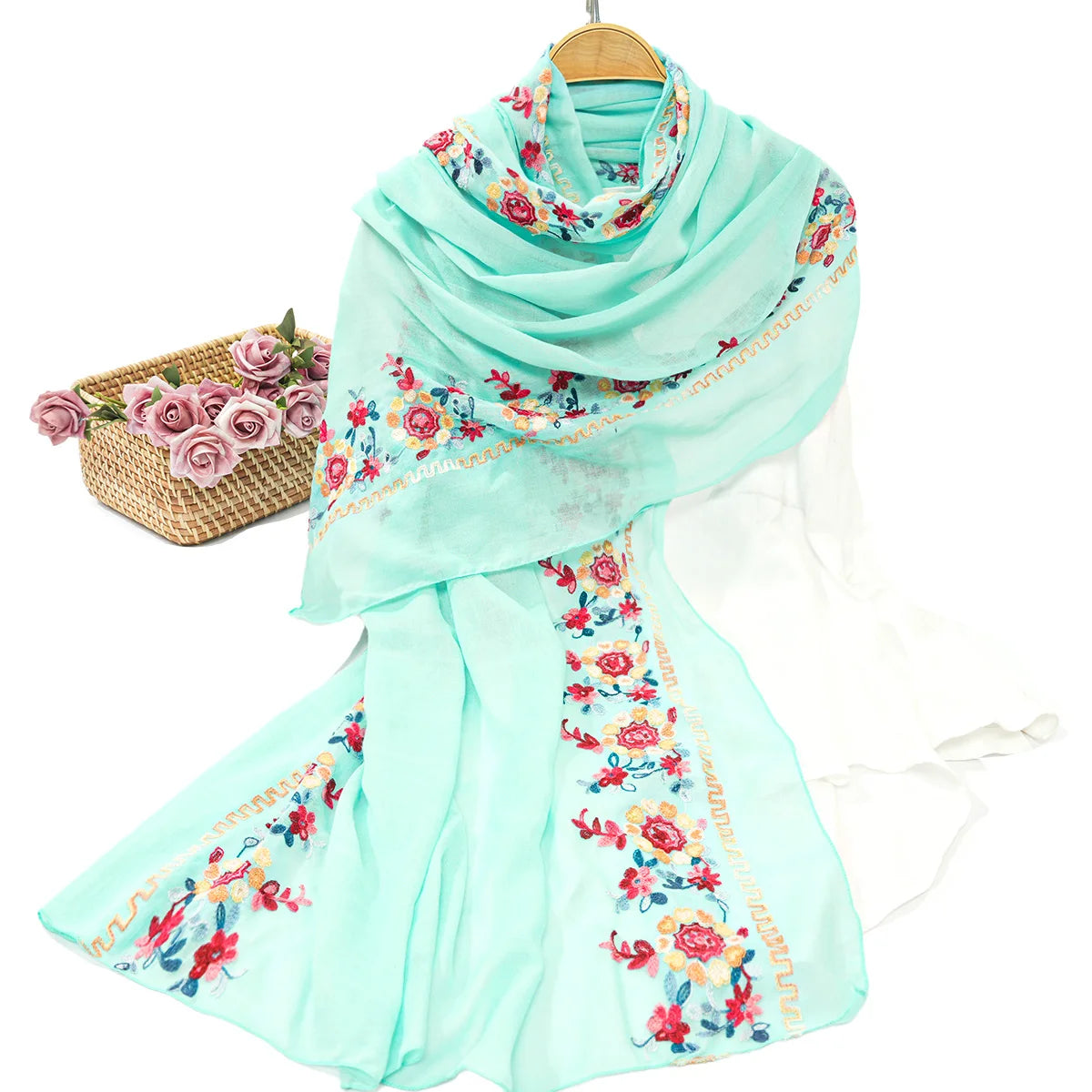 A women's fashionable embroidered embroidered soft edged thin scarf shawl