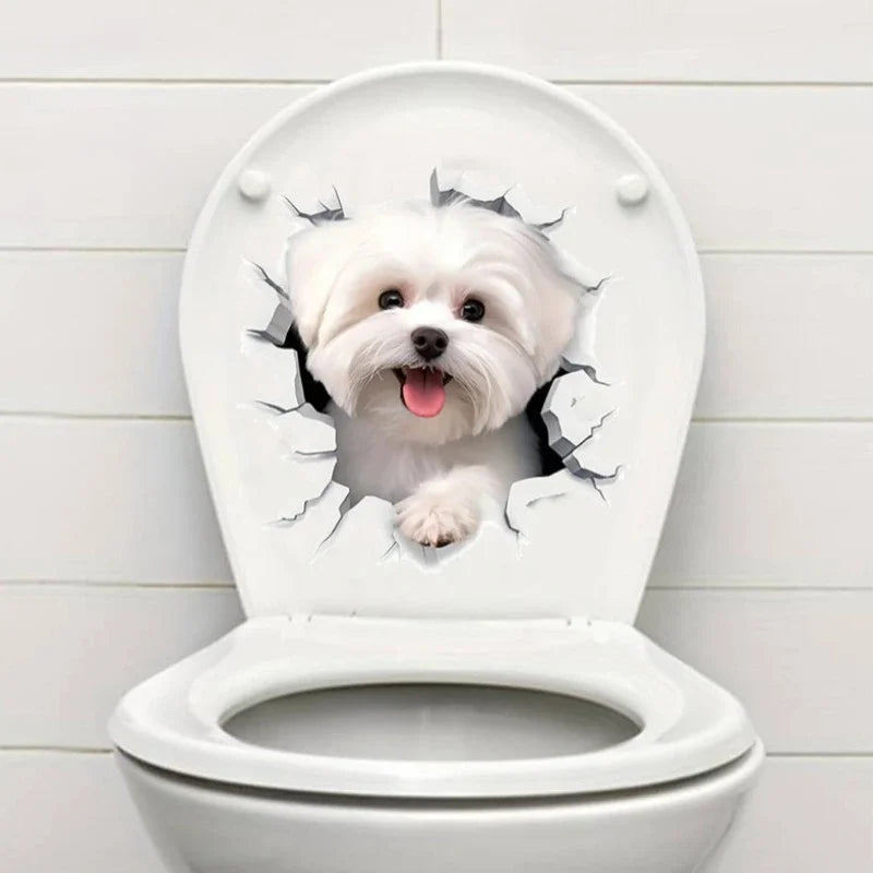 Hemasa 3D Cracked Animal Dog Toilet Sticker, Adorable Bathroom Decor, Wall Self-Adhesive Art, Bathroom Decor