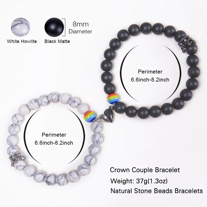 2023 White Turquoise Frosted Stone Magnetic Couple Charm Bracelets Fashion Crown Natural Stone Beaded Bracelet for Men and Women