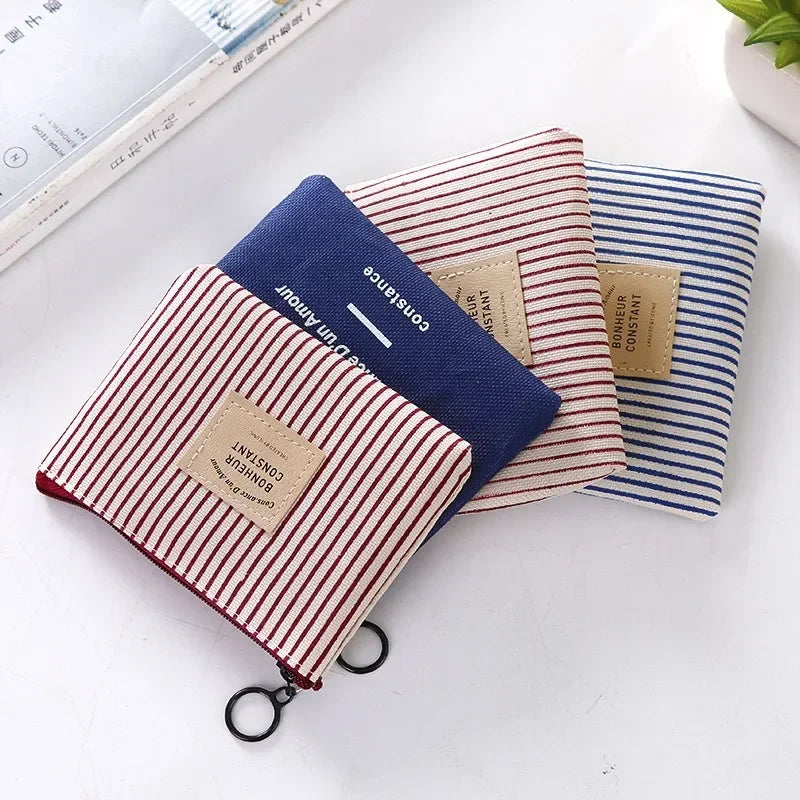Fabric Coin Wallet Storage Bag Student Portable Coin Bag Mini Striped Small Square Bag Zipper Canvas Small Purse
