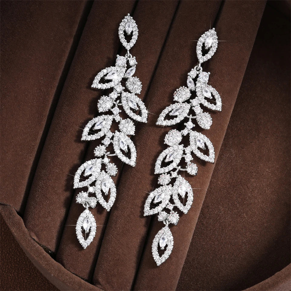 Hemasa Luxury Shiny Zircon Polish Bridal Wedding Dange Earrings Elegant Marquise Leaf AAA CZ Long Drop Earring Party Jewelry