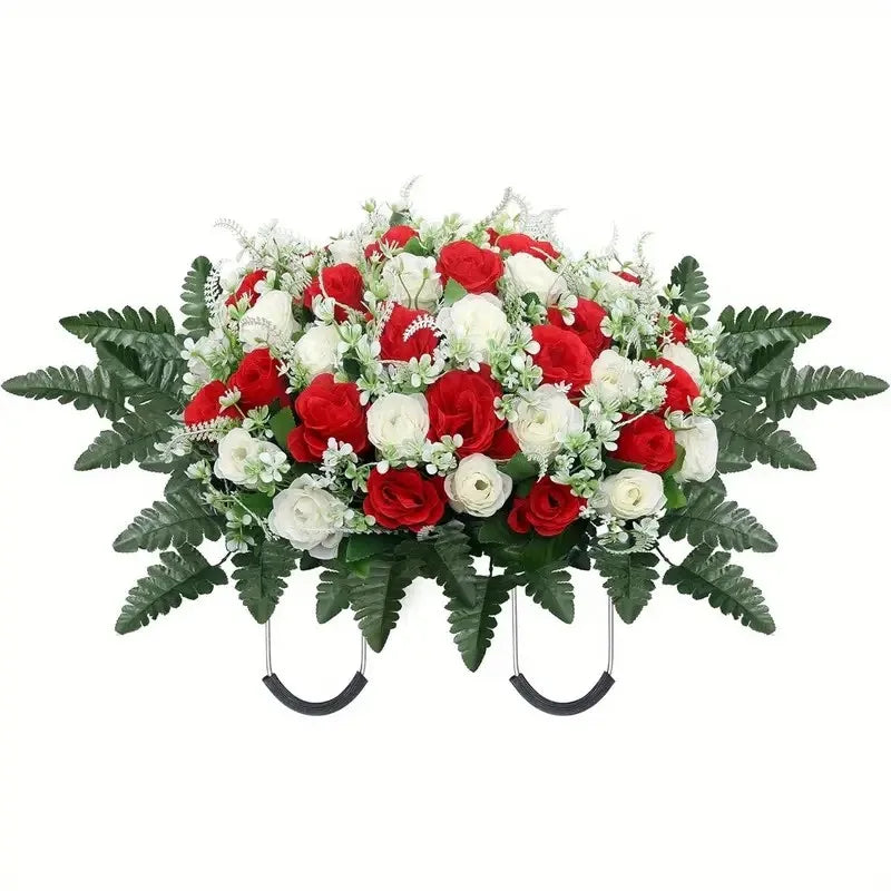 Headstone Flower Saddle, Large Artificial Cemetery Flowers for Grave, Cemetery Memorial Flowers for Outdoor Tombstone Decoration