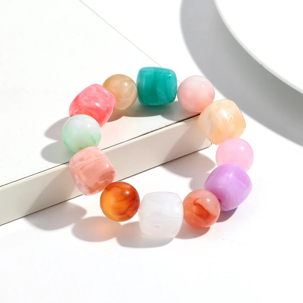 Bohemian Acrylic Geometric Square Round Beads Elastic Bracelets for Women Trendy Resin Beaded Stackable Bracelet Bangle Jewelry