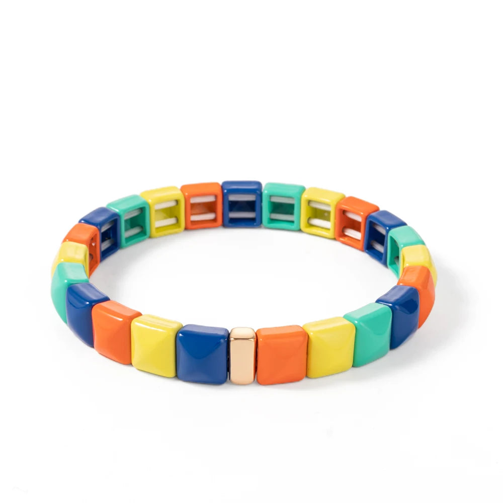 Tejesa Colorful Enamel Square Shape Rhombus Faced Bohemain Geometric Elastic Bracelets For Women