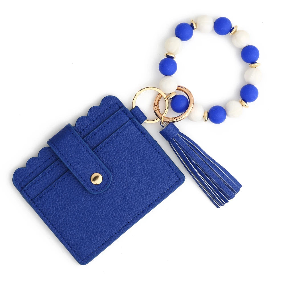 Hemasa Silicone Bead Bracelet  Leather Card Bag Wristlet Keychain Silicone Beaded Bracelet Leather Tassel Wallet Bangle