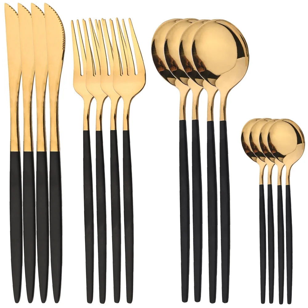 Hemasa 16Pcs Cutlery Set Stainless Steel Mirror TablewareDinner Black Gold Dinnerware Set Knife Fruit Fork Spoon Silverware Kitchen