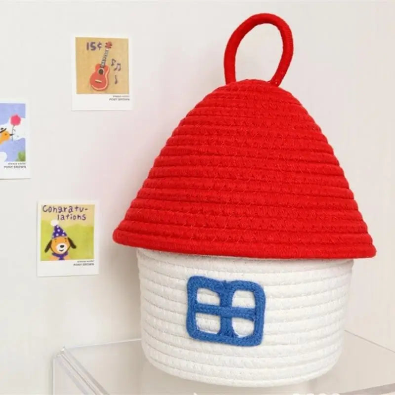 Tejesa Large Capacity  Woven Basket with Lid Cartoon House aped Storage Container Fun Desktop Organizer Basket for Home Use