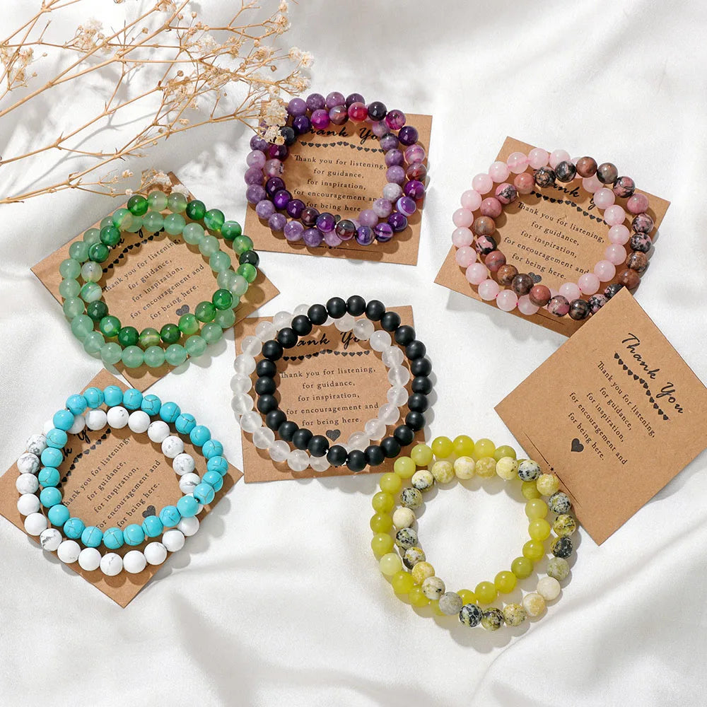 2Pcs/Set Natural 8mm Round Bead Bracelets Cat Eye Amethysts Bracelet Couple Stretch Bracelets With Cards Thank you Jewelry Gitfs