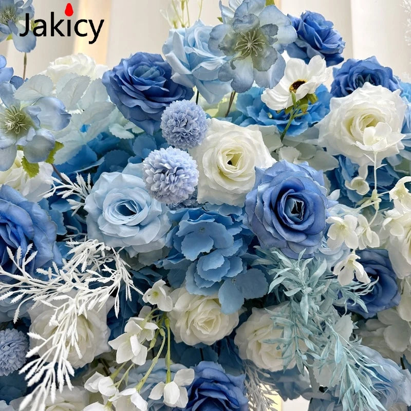 Blue White Rose Hydrangea Flower Row Runner Arrangement Wedding Backdrop Arch Decor Floral With Frame Event Banquet Party Props