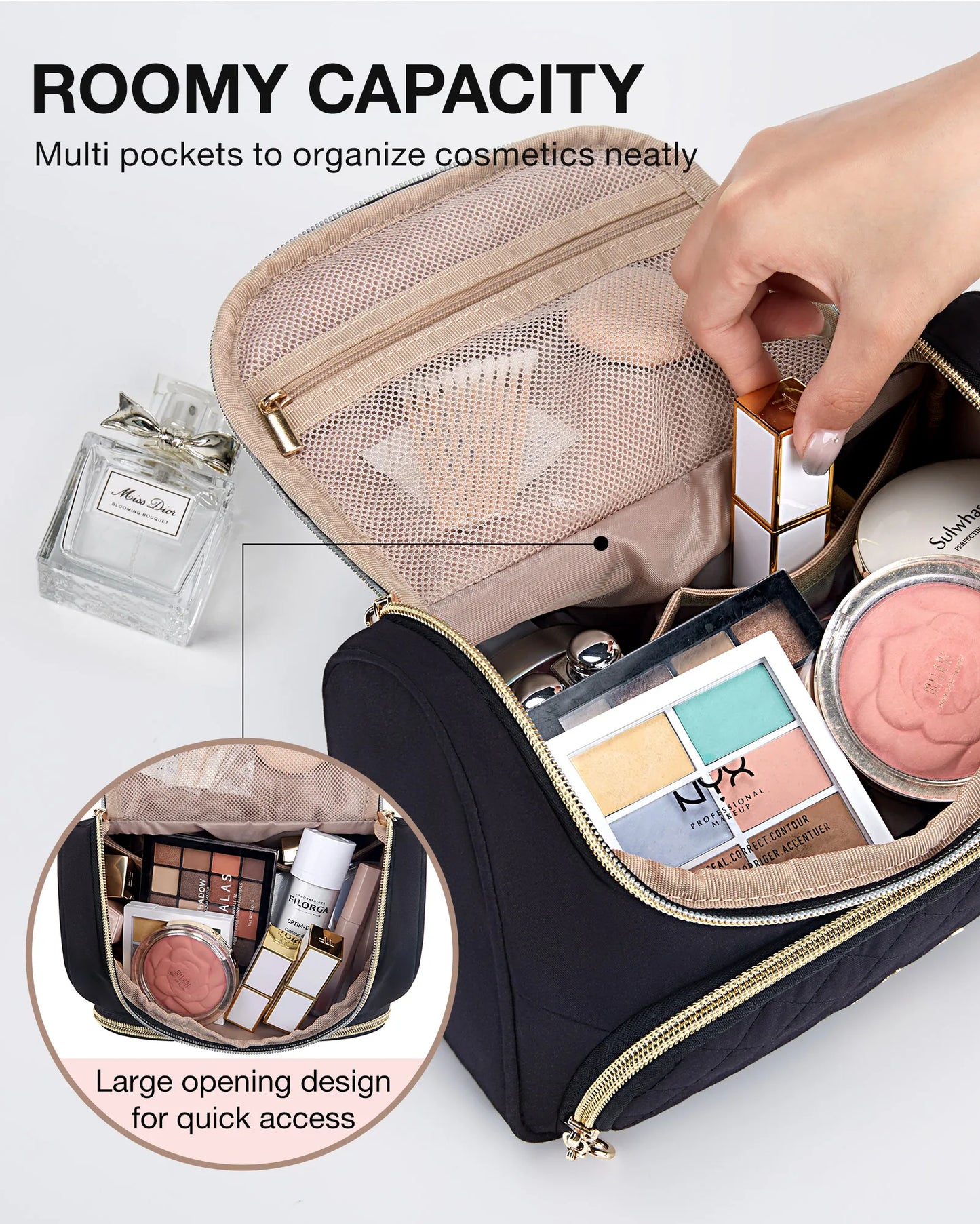 Hemasa Travel Makeup Bag/ Make Up Organizer Case Large Open Pouch for Women / Cosmetic bag for Toiletries
