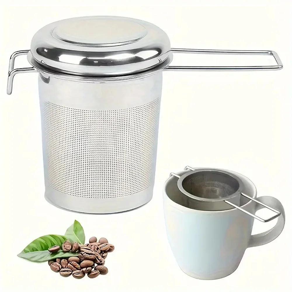 Hemasa 1pc Premium Stainless Steel Tea Filter Extended Folding Handle, Loose Tea Drainer with Lid,Anti-Scald Multi-Purpose Tea Strainer