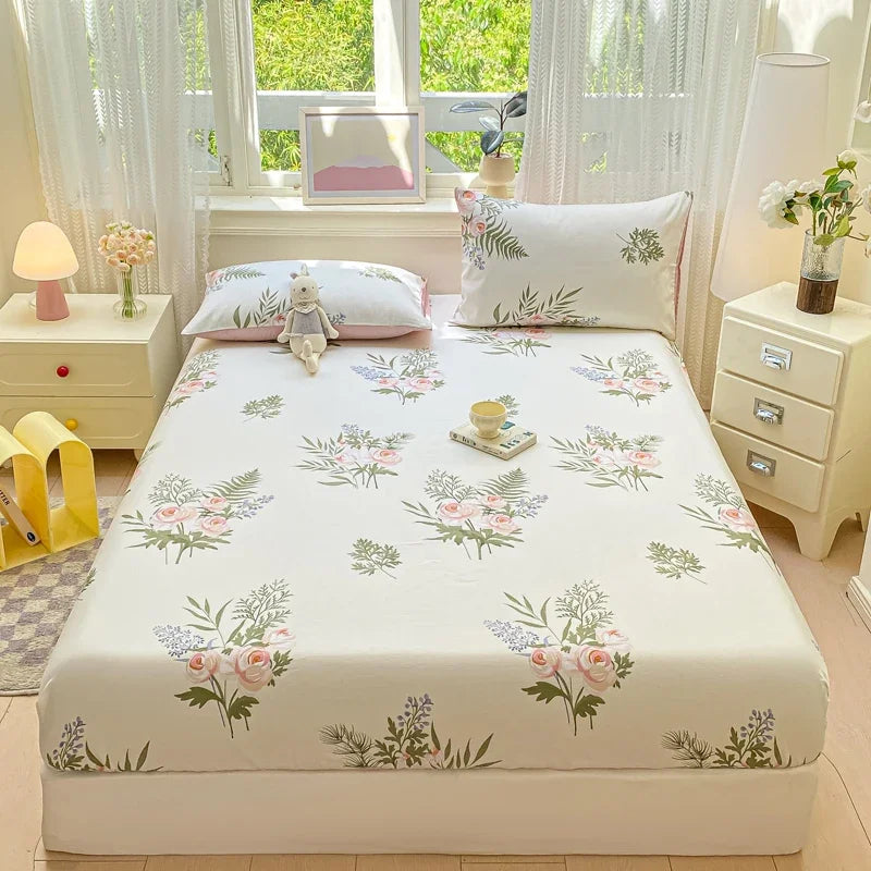 Pure Cotton Fitted Sheet Single Double Queen Size Printed Mattress Cover With Elastic Band Bedsheet Soft Comfortable Fitsheet