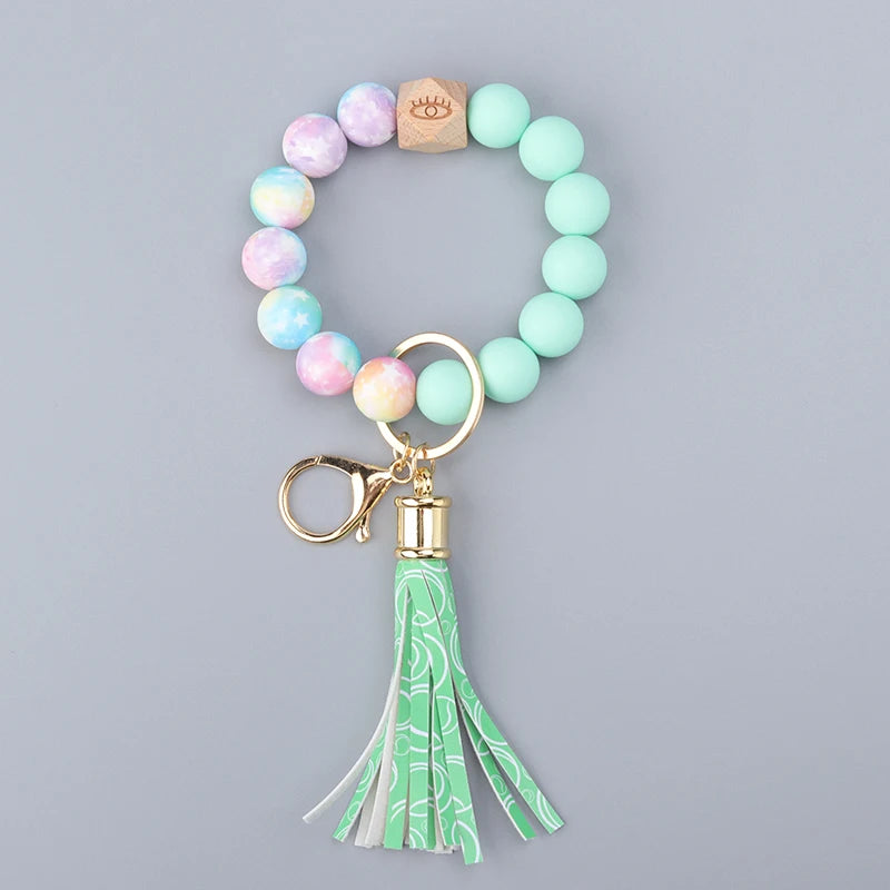 Colored Silicone Bead Bracelet PU Tassel Keychain Wristlet Bracelet Pendant Keychain Woman Man Jewelry Accessories Gifts