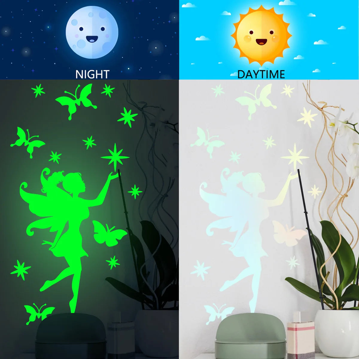 Hemasa Fairy Stars and Butterfly Glow Sticker Kids Room Decoration Luminous Wall Stickers