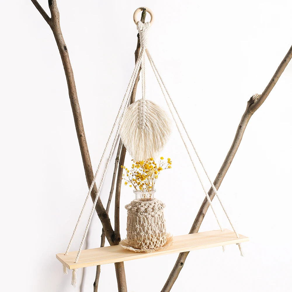Hemasa 2Pcs Wooden Wall Shelf   Wood Beads /Macrame Leaf Floating Shelves