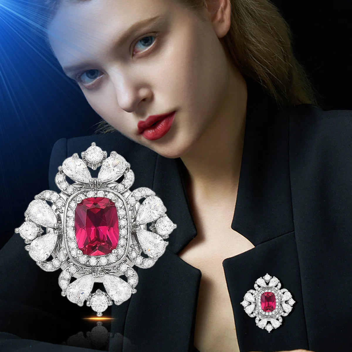 Geometric simple magnetic buckle red zircon flower shape bright colorful treasure clothing anti-exposure collar corsage