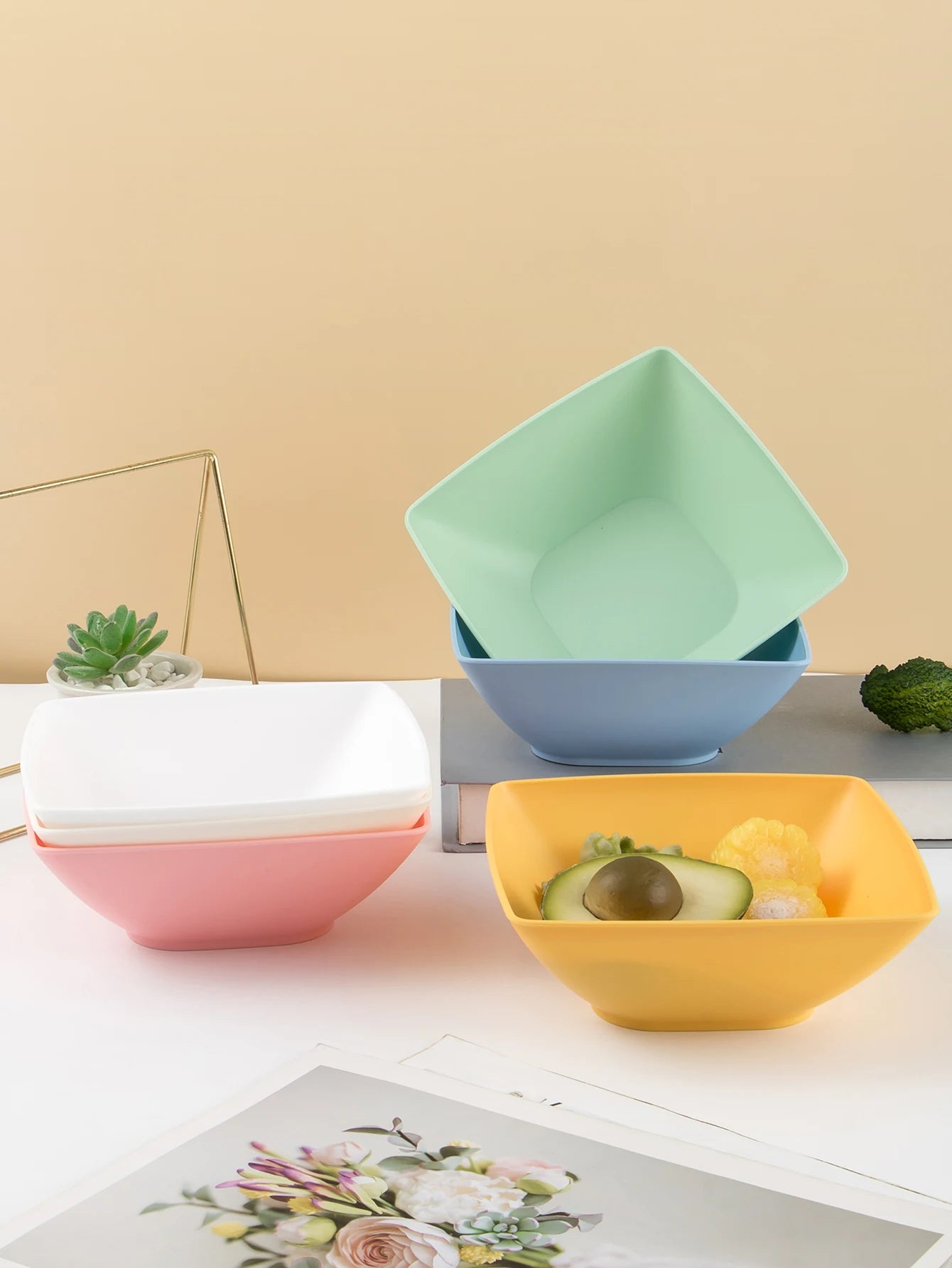 Tejesa 6pcs Large size plastic square bowls reusable household plastic tableware can be used for soup noodles oatmeal salad
