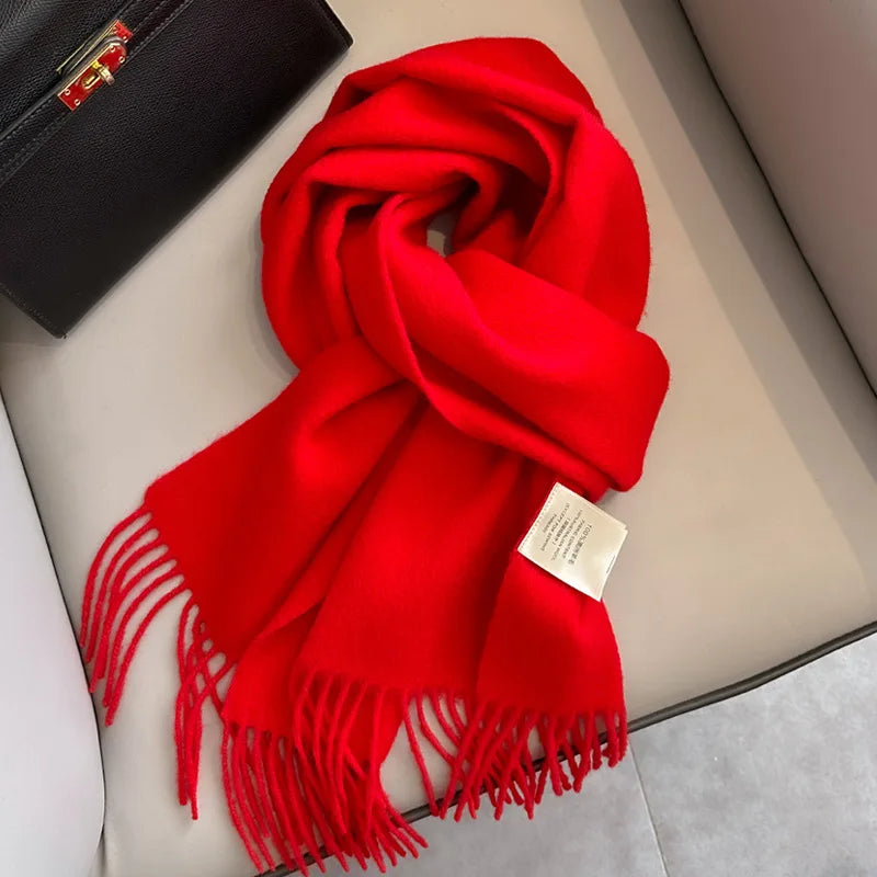 China Red Pure Wool Scarf Women's Autumn and Winter Warm Mother Scarf Light Luxury High-end Fringed Shawl