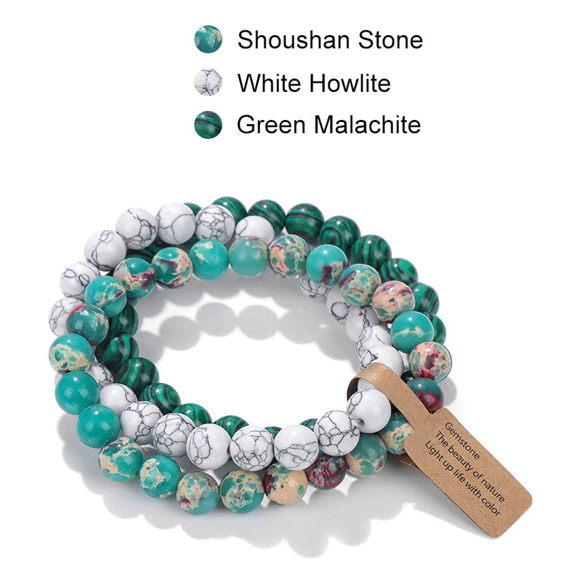 Blue Cat Eye Beaded Bracelets 3Pcs/Set Natural Stone Amethyst Beads Bracelets Multicolor Stretch Bangle Women Yoga Wrist Jewelry