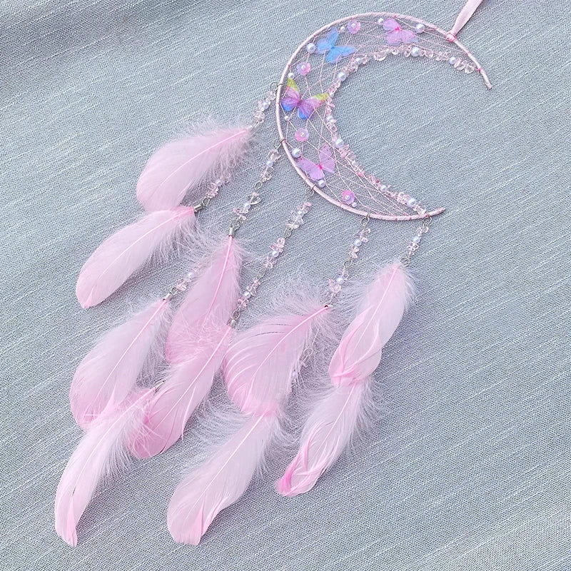 Hemasa  Pink Feather Butterfly Wind Chimes Dream Catcher Handmade Living Room Hanging Ornaments Wall Pendant Festival Party Gifts