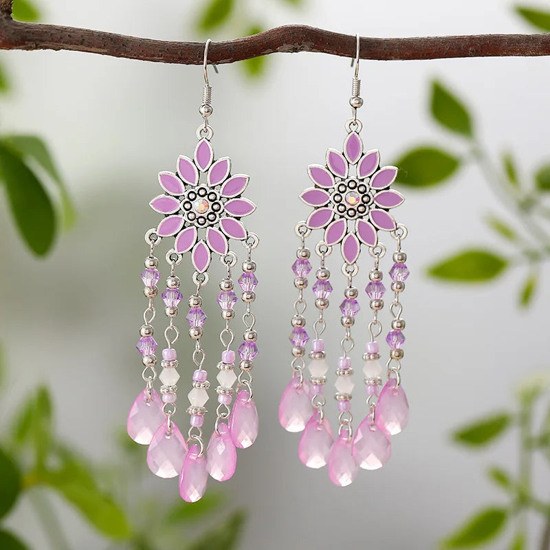 Hemasa Flower Drop Dangle Earrings For Women Enamel Crytal Geometric Jewelry Beads Handmade Tassel Earings