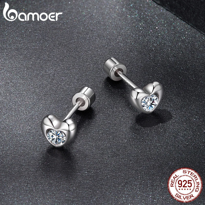 BAMOER Classic Heart Moissanite Screw-back Earring, Paved Setting Round Cut Lab Created Diamond for Women Engagement Gift S925