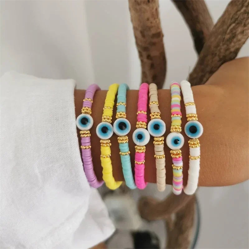 Hemasa  Multi-color Polymer Clay Heishi  Turkish Evil Eye Bracelets for Women