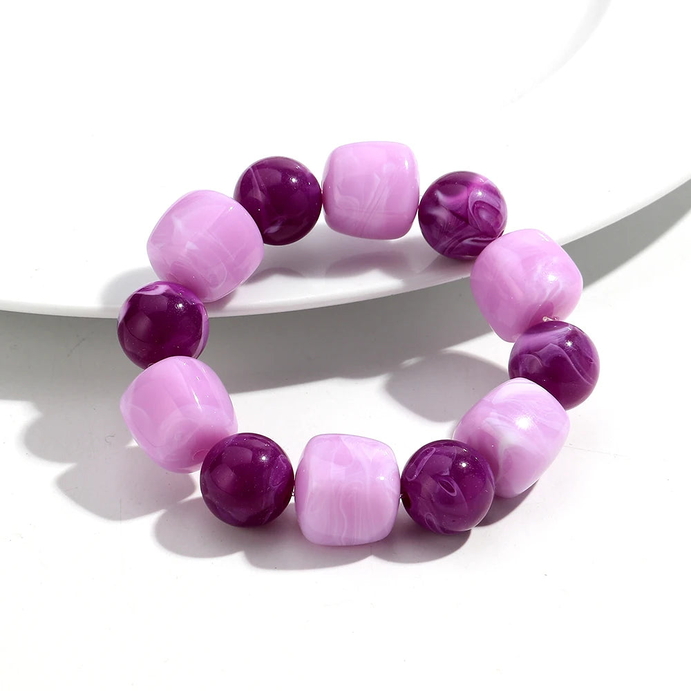 Bohemian Acrylic Geometric Square Round Beads Elastic Bracelets for Women Trendy Resin Beaded Stackable Bracelet Bangle Jewelry