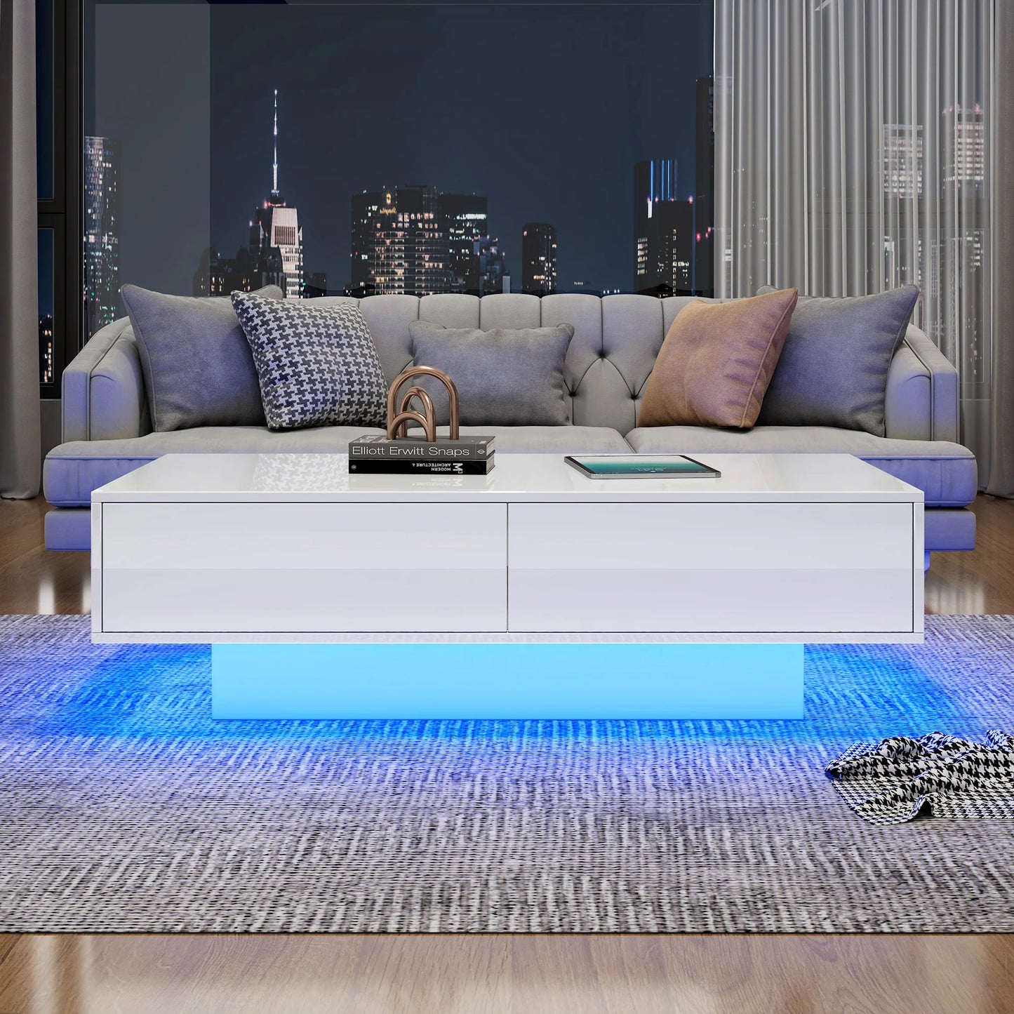 High Gloss LED Coffee Table with 16 Colors LED Lights and 2 Drawers, Rectangular Coffee Table for Office, Store and Living Room