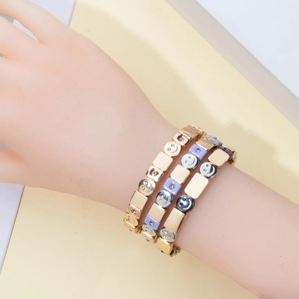 2024 New Gold Color Bangle Happy Elastic Bracelets For Women Beaded Accessory