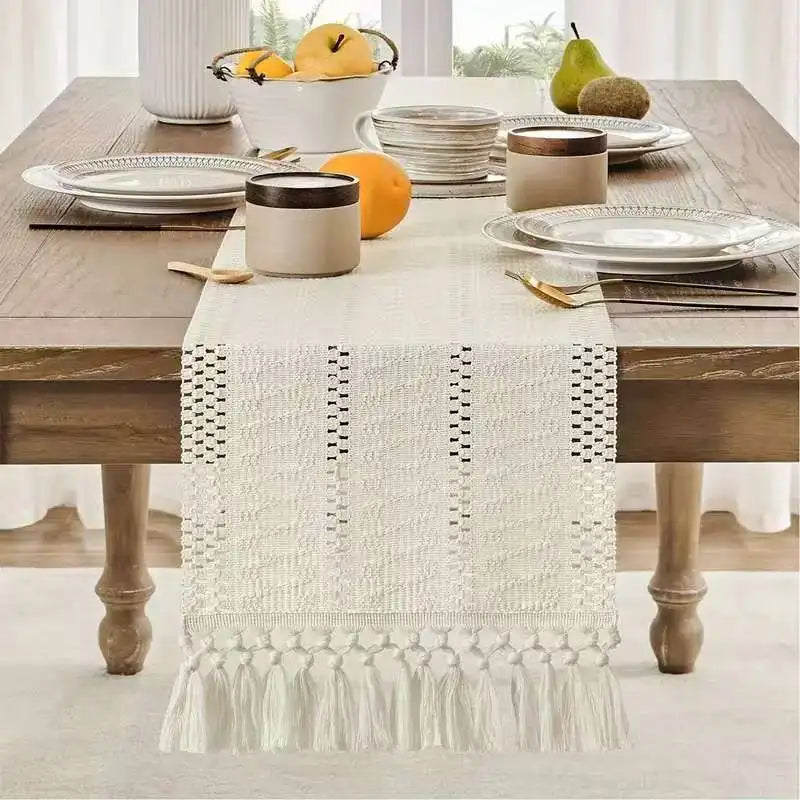 Tejesa Cotton Linen Table Runner Bohemia Solid Table Flag with tassels for Wedding Home Dining