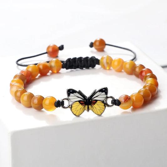 Vintage Natural Stone Agate Bracelets Charm Yellow Butterfly Adjustable Bangles Yoga Jewelry 6mm Black Lava Onyx Beads Bracelet