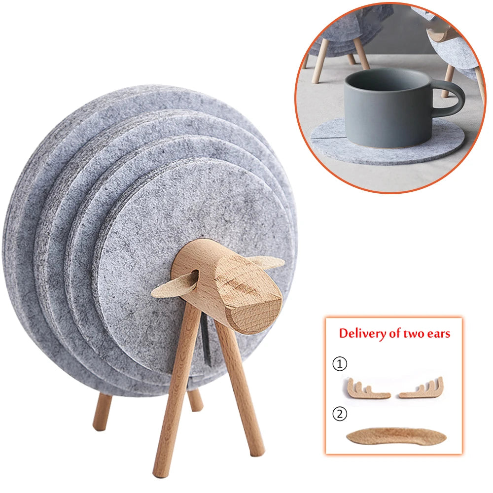 Hemasa Cartoon Felt Coaster Sheep Shape Non-Slip Coaster High Temperature Insulation Circular Coaster Creative Styling Decoration