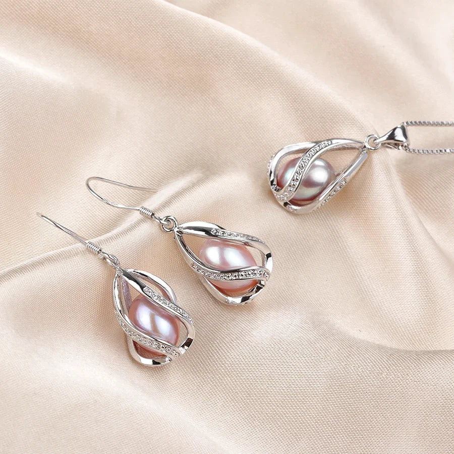 YWYC 8-9mm Natural Freshwater Pearl In Cage Pendant Necklace Drop Earrings & Pendant Jewelry Set for Women
